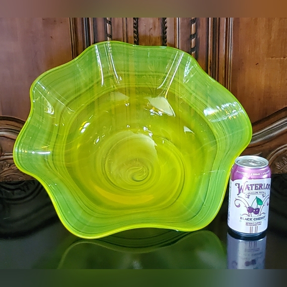 Huge Blenko 17" Handmade Yellow & Blue Art Glass Bowl - Picture 3 of 13